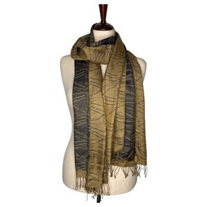 Neeru Kumar 100% Silk Scarf Handloomed 21x76 Kantha Rectangle Fringe Gold Black